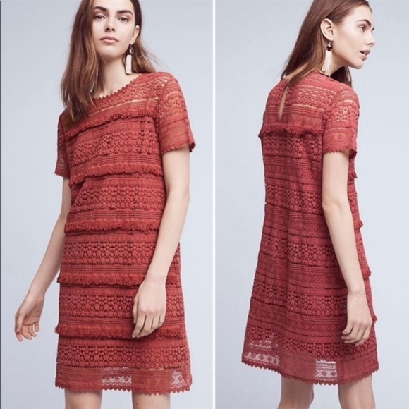 Anthropologie Zero to Sky Fringed Lace Boho Burgundy Tunic Dress Size Small - Picture 1 of 13